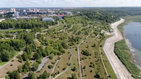 Aerial view of Tom River in autumn from Lagerniy Sad. Tomsk. Russia Stock Footage 314699254