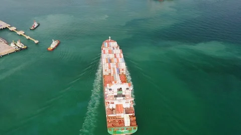 Aerial view on the top of the cargo ship and export business, logistics and sea  Stock Footage 111428750