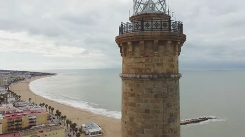 Aerial view of the top of the Chipiona lighthouse with a drone in 4K Stock Footage 150705291