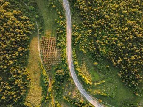 Aerial view top down from above on the country road in mountain range in betw Stock Photos