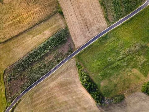 Aerial view top down drone photo agricultural field road - rural countryside  Stock Photos