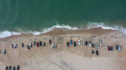 Aerial View Top Down of Vehicles and People Fishing on the Beach OBX Stock Footage 247992320