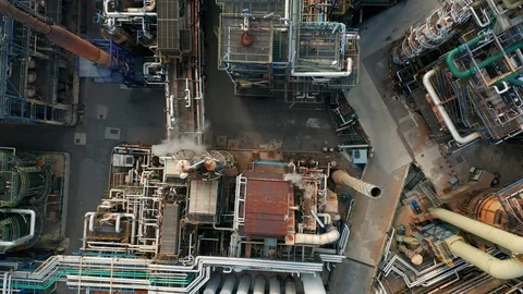 Aerial view. Top down view over power plant with many pipelines. Stock Footage 120559760