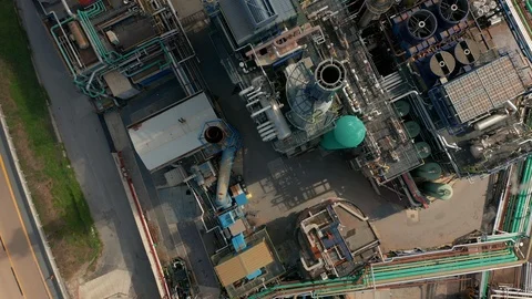 Aerial view. Top down view over oil refinery or chemical factory and power plant Stock Footage 120754067