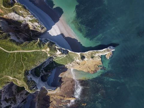 Aerial view, top down view of the Falaise d'Amont rock formation with the Porte Stock Photos
