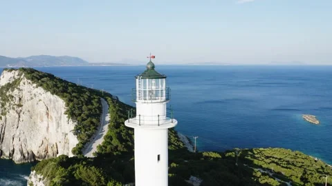Aerial view of top of lighthouse, Cape of Ducato, Lefkada. Stock Footage 155650897