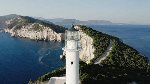 Aerial view of top of lighthouse, Cape of Ducato, Lefkada. Stock Footage 161275824