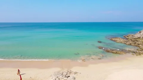 Aerial view top view beach sea sand sun coconut tree blue sky background Stock Footage 149528171
