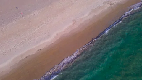 Aerial view top view beach sea sand sun crystal water wave sunny background Stock Footage 153381951