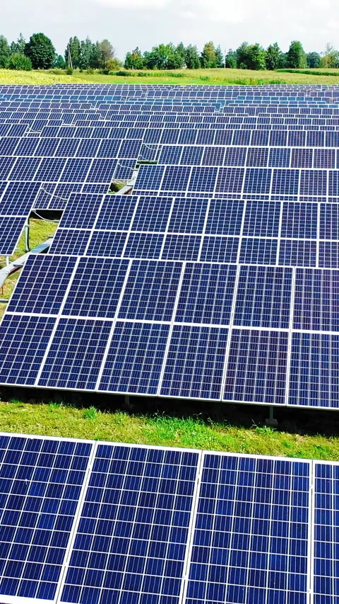 Aerial view top view on blue solar pannels.  Stock Footage 299629383