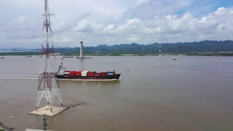 Aerial view, top view cargo ship port in the export, import by ship business Stock Footage 142860374