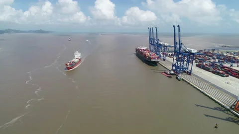 Aerial view, top view cargo ship port in the export, import by ship business Stock Footage 142861740