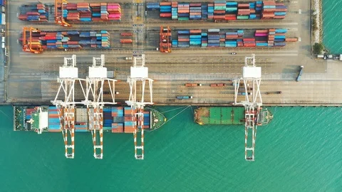 Aerial view. top view container ship in pier with crane bridge carries out expor Video stock 101522639