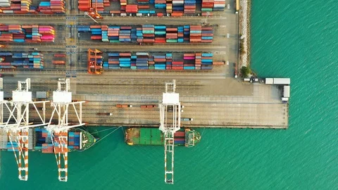 Aerial view. top view container ship in pier with crane bridge carries out expor Stock Footage 102117796
