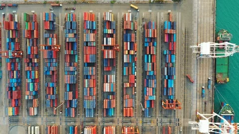 Aerial view. top view container ship in pier with crane bridge carries out expor Stock Footage 102170260