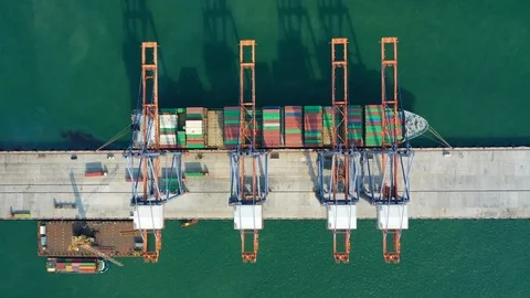 Aerial view. top view container ship in pier with crane bridge carries out expor 스톡 동영상 105299626