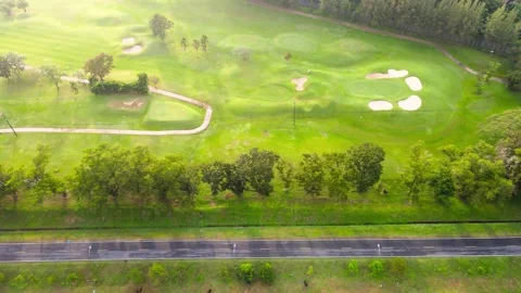 Aerial view top view golf park mixed tree sunny golf course road green Stock Footage 146728035