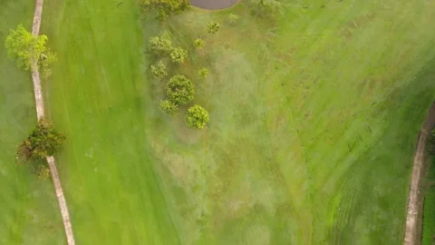 Aerial view top view golf park golf course road mixed forest green background Vidéo 153380219