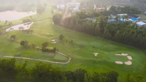 Aerial view top view golf park road mixed forest lake view green background Stock Footage 153380274