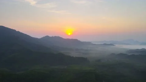 Aerial view top view Mountain sunset sea of fog cold morning wind background Stock Footage 172391001