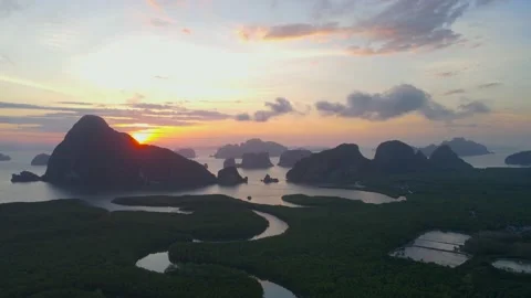 Aerial view top view sunset forest mountain fresh Samet Nangshe PhangNga Bay Stock Footage 151064192
