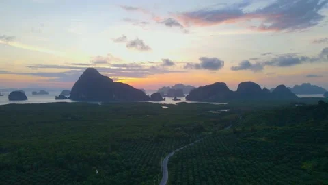 Aerial view top view sunset forest mountain fresh Samet Nangshe PhangNga Bay Stock Footage 151064219