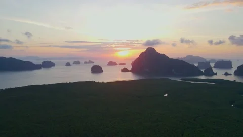 Aerial view top view sunset forest mountain fresh Samet Nangshe PhangNga Bay Stock Footage 151064224