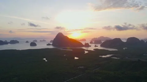 Aerial view top view sunset forest mountain fresh Samet Nangshe PhangNga Bay Stock Footage 151064310
