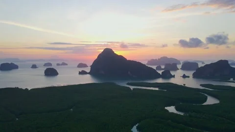 Aerial view top view sunset forest mountain fresh Samet Nangshe PhangNga Bay Stock Footage 151064314