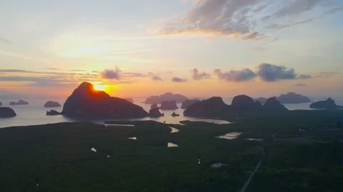 Aerial view top view sunset forest mountain fresh Samet Nangshe PhangNga Bay Stock Footage 151064345