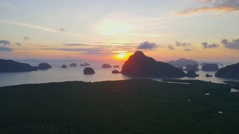Aerial view top view sunset forest mountain fresh Samet Nangshe PhangNga Bay Stock Footage 151064350