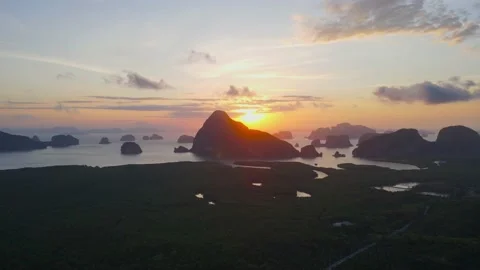 Aerial view top view sunset forest mountain fresh Samet Nangshe PhangNga Bay Stock Footage 151064452