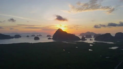 Aerial view top view sunset forest mountain fresh Samet Nangshe PhangNga Bay Stock Footage 151064600