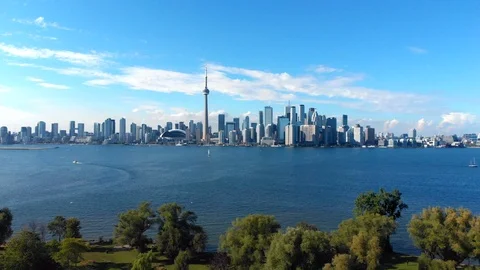 Aerial View of Toronto Skyline and Centre Island on a Sunny Day, Ontario, Canada Stock Footage