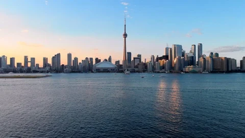 Aerial View of Toronto Skyline and Lake Ontario at Sunset, Ontario, Canada Stock Footage