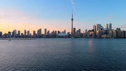 Aerial View of Toronto Skyline and Lake Ontario at Sunset, Ontario, Canada Stock Footage