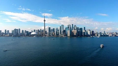 Aerial View of Toronto Skyline and Lake Ontario During Summer in Ontario, Canada Stock Footage