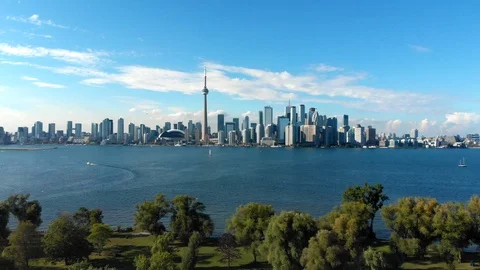Aerial View of Toronto Skyline and Centre Island on a Sunny Day, Ontario, Canada Stock Footage
