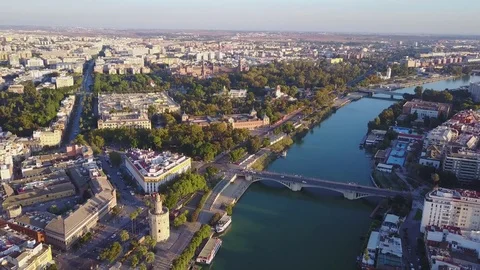 Aerial view of Torre del Ore and river Guadalquivir, Seville, Spain Stock Footage