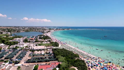 Aerial view of Torre Lapillo beach in Salento, Porto Cesareo, Puglia, Italy Stock Footage 341683949