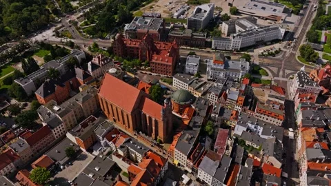 Aerial View of Torun Gothic Cathedral and Hanseatic Old Town Poland Sky Stock Footage 336254452