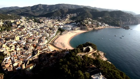 Aerial view of Tossa de Mar and its beaches Stock Footage 90136819