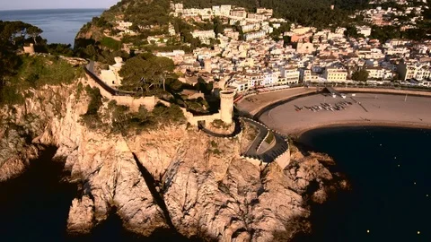 Aerial view of Tossa de Mar, Spain. The beaches, the castle and the fortress. Stock Footage 90160367