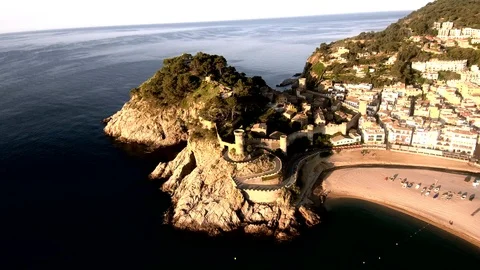 Aerial view of Tossa de Mar, Spain. The beaches, the castle and the fortress. Stock Footage 90160802