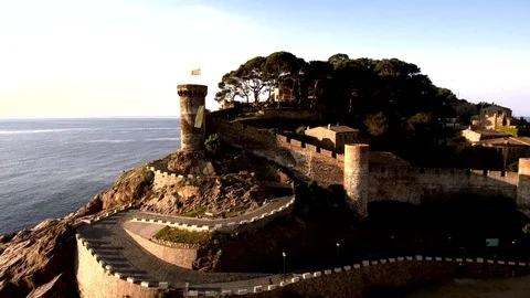 Aerial view of Tossa de Mar, Spain. The beaches, the tower, the castle and th Stock Footage 90160938