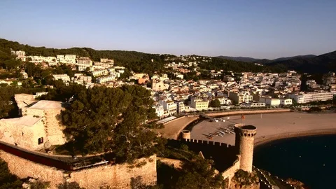 Aerial view of Tossa de Mar, Spain. The beaches, the tower, the castle and th Stock Footage 90160972