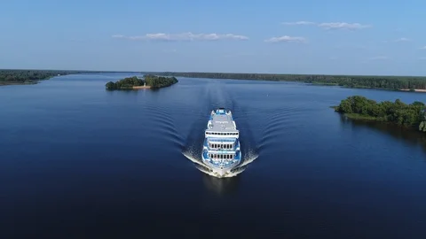  Aerial view. Tourist ship float along the river on a Sunny summer day. Stockbeeldmateriaal 97788340