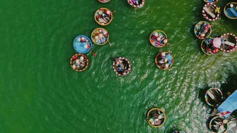 Aerial View Tourists Having Fun on Rotating Basket Boat Tour in Cam Thanh Видео 330530201
