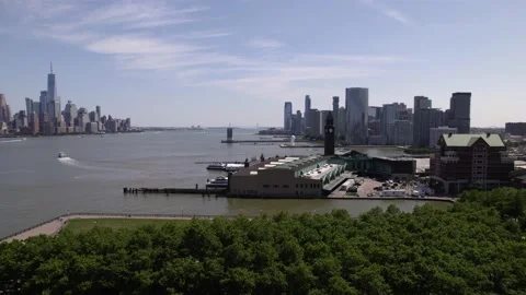 Aerial view towards the Hoboken NJ Transit Terminal, in sunny New Jersey, Stock Footage