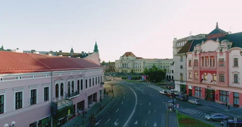 Aerial view towards Oradea Town Hall Romania Stock Footage 142199816